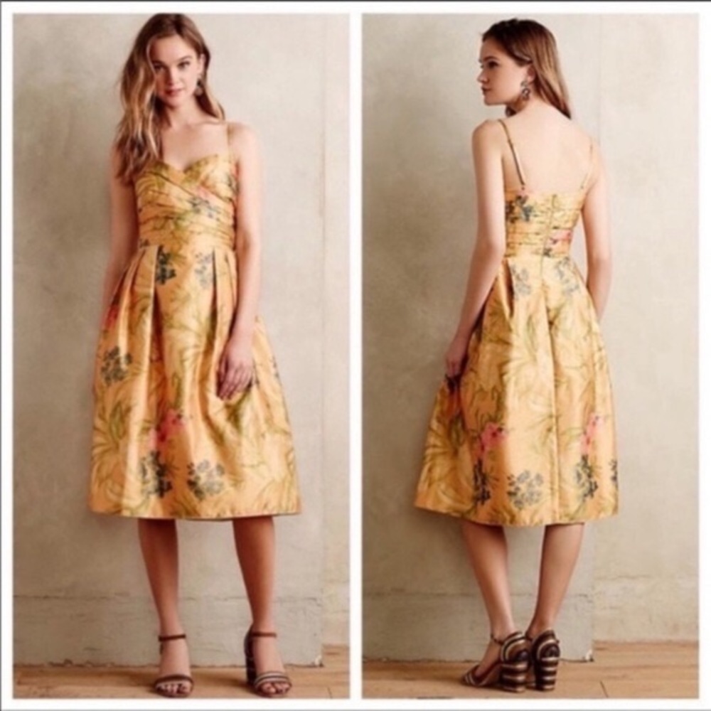 Anthropologie Yellow Gold Floral Midi Dress